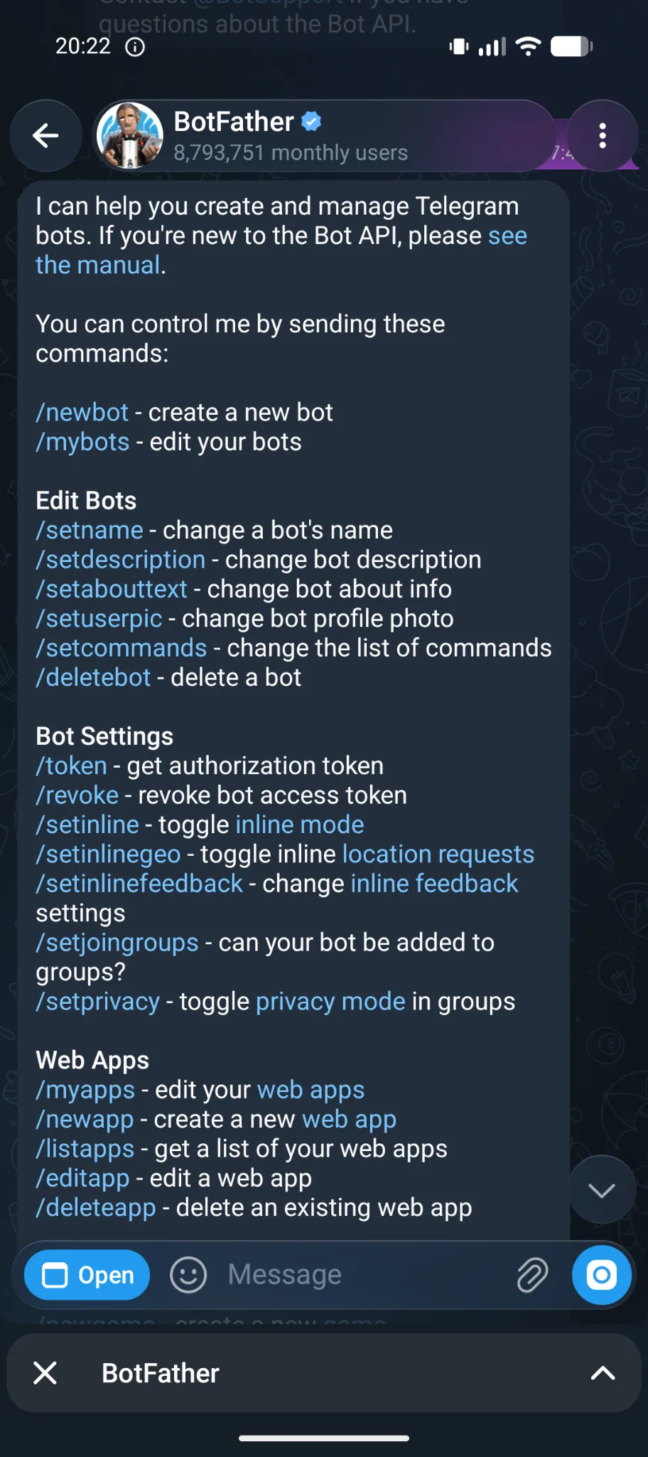 BotFather command menu in Telegram