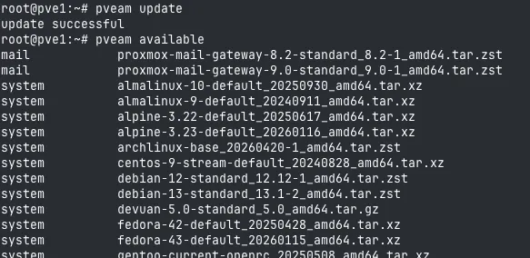 Available LXC templates from the Proxmox repository