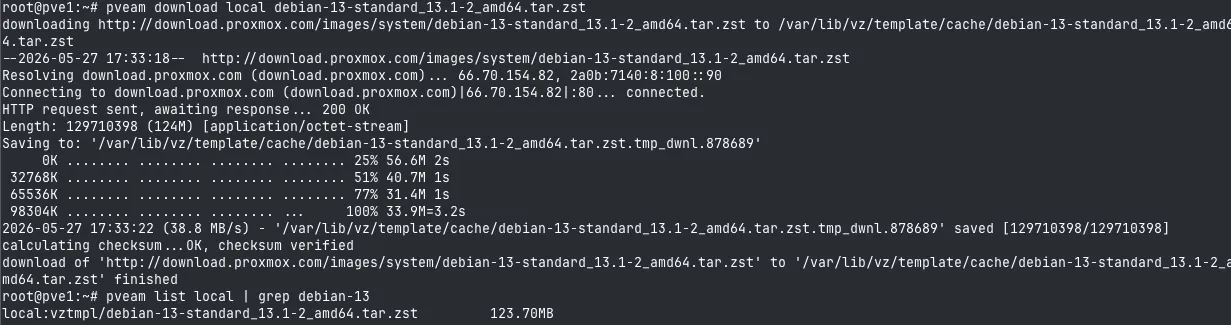 Debian 13 LXC template confirmed in local storage