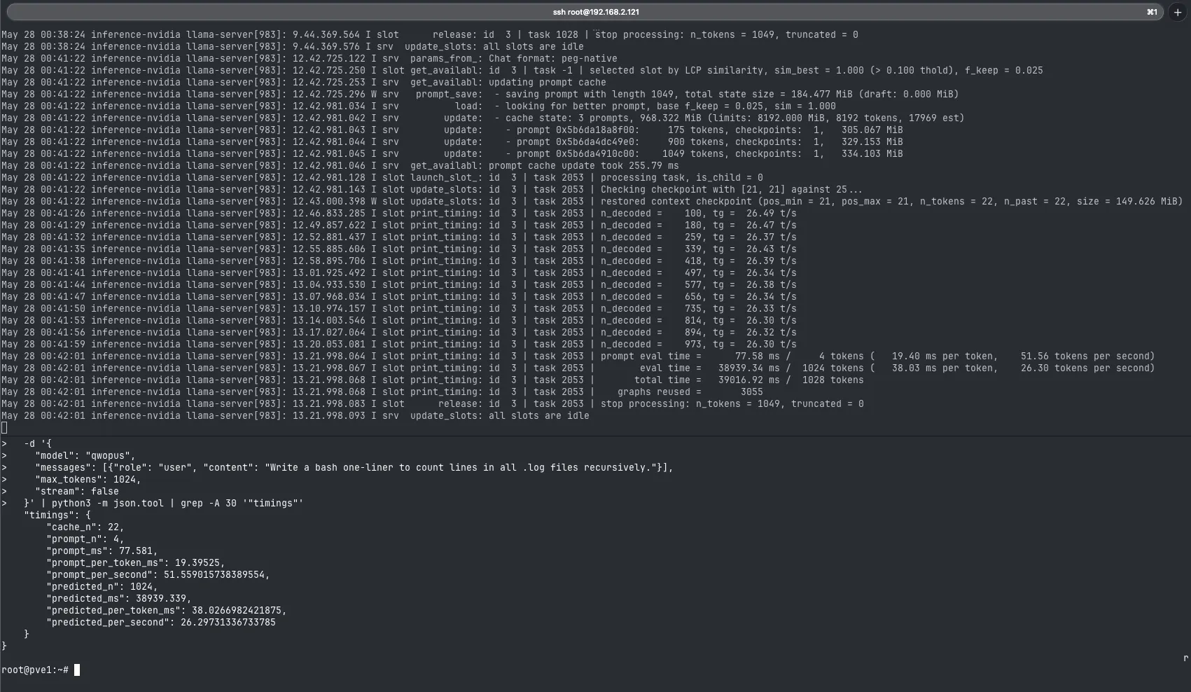 Smoke test timings from the llama-server API response