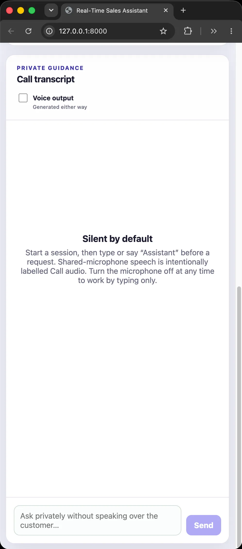The assistant's private guidance panel : a Voice output checkbox that is not ticked, the message Silent by default, and a text box for asking privately.