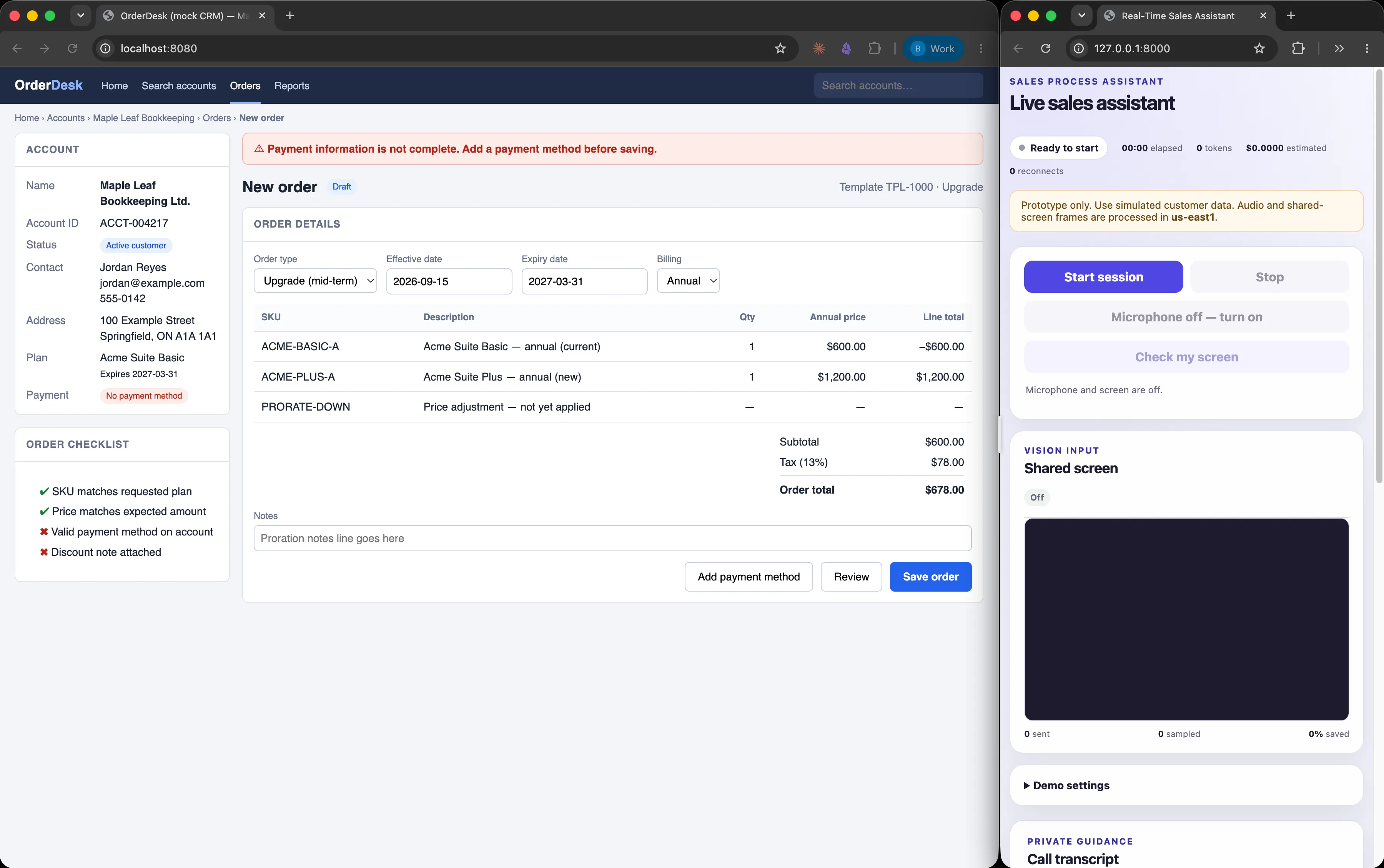 A mock CRM order screen fills most of the screen. A narrow browser window on the right holds the sales assistant, with a status row, a prototype notice, session and microphone controls, and a shared-screen preview that is switched off.