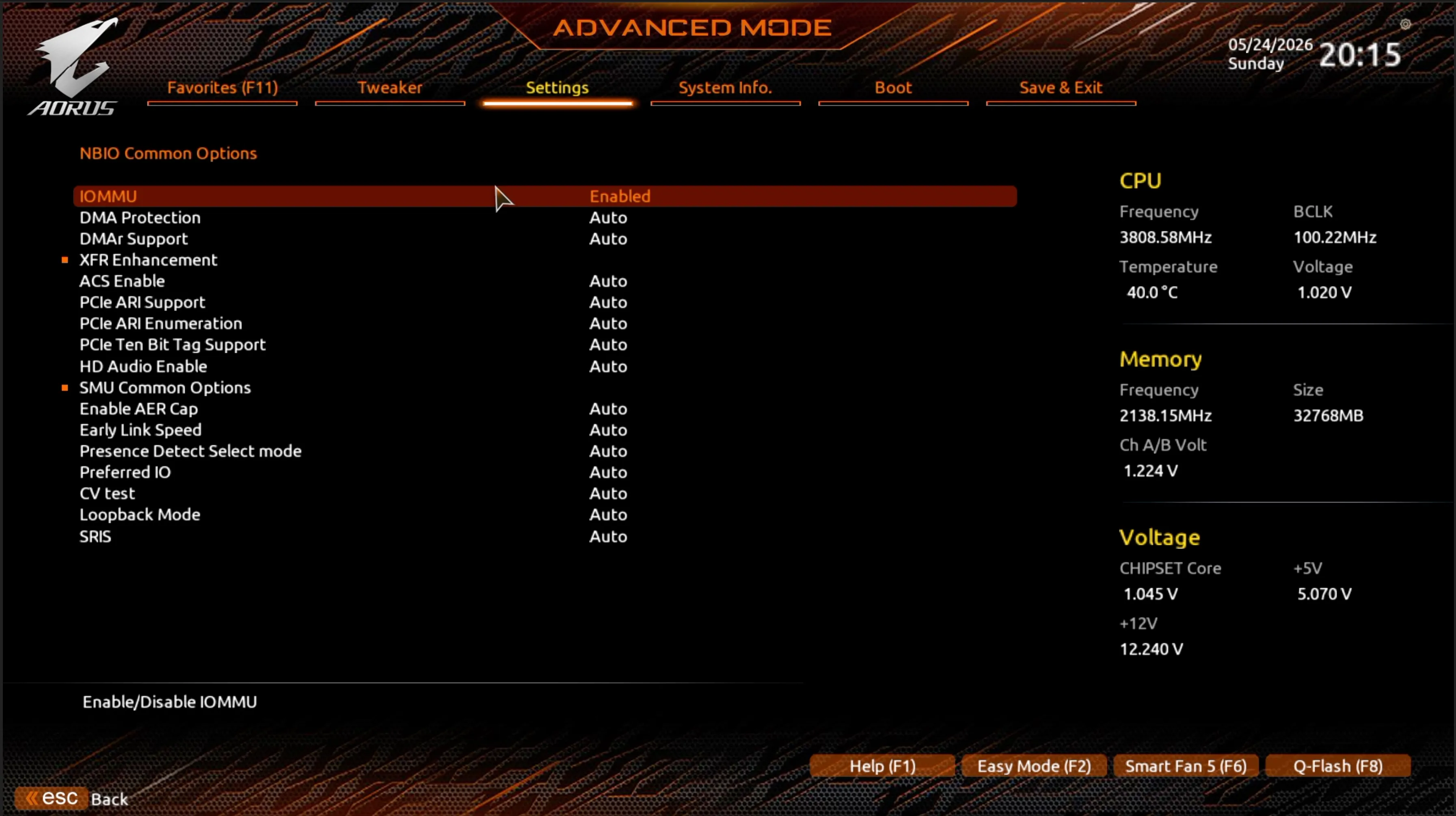 IOMMU enabled under Settings, AMD CBS, NBIO Common Options on the B550 AORUS Pro AC