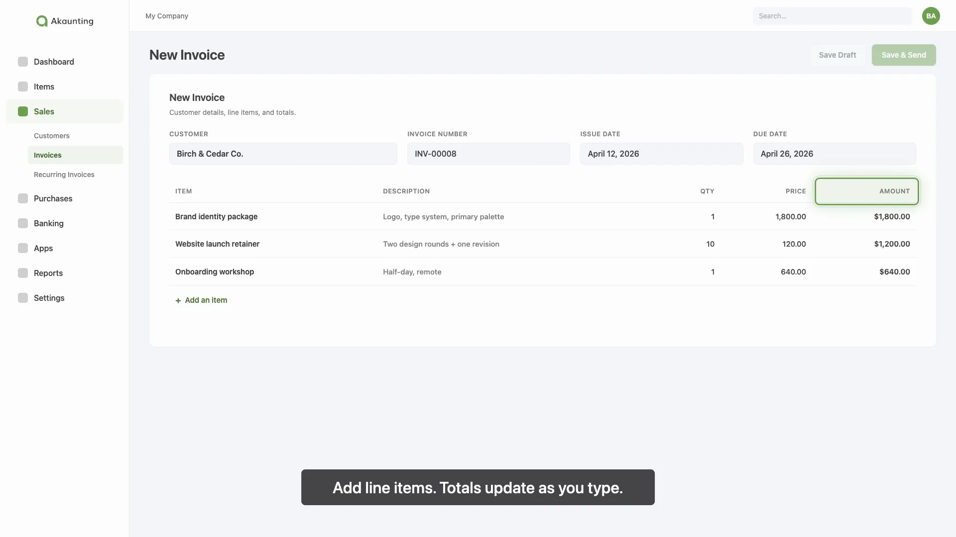Items section with the three line items animated in