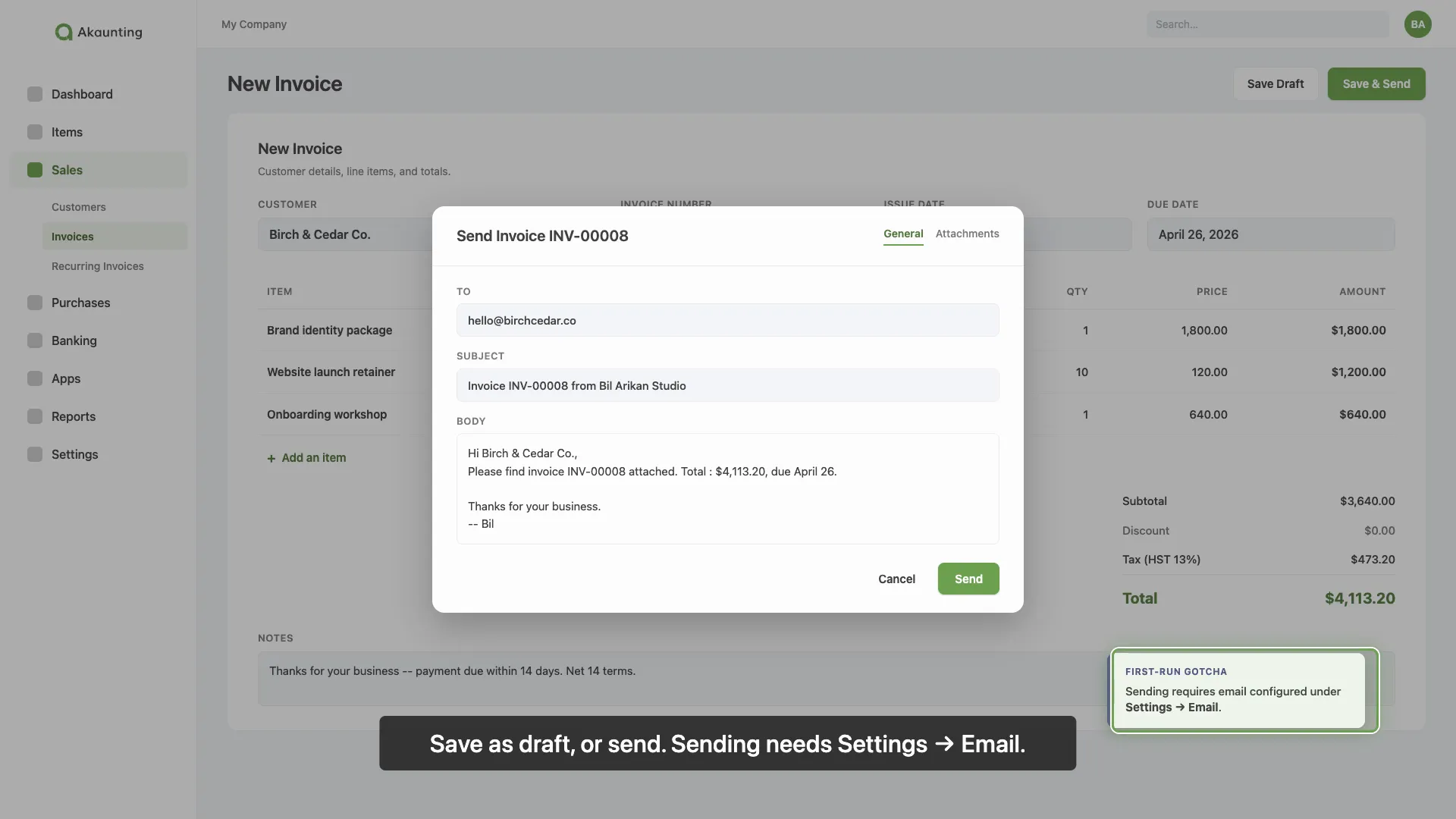 Send modal with the SMTP heads-up callout active