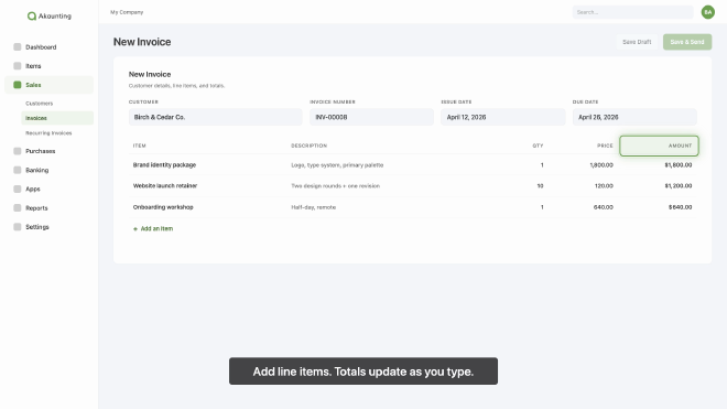 Items section with the three line items animated in