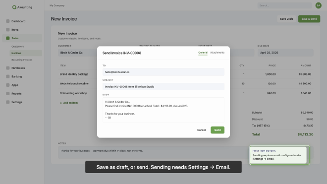 Send modal with the SMTP heads-up callout active
