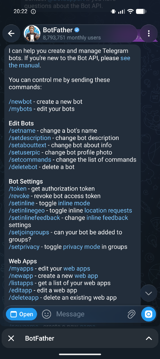 BotFather command menu in Telegram