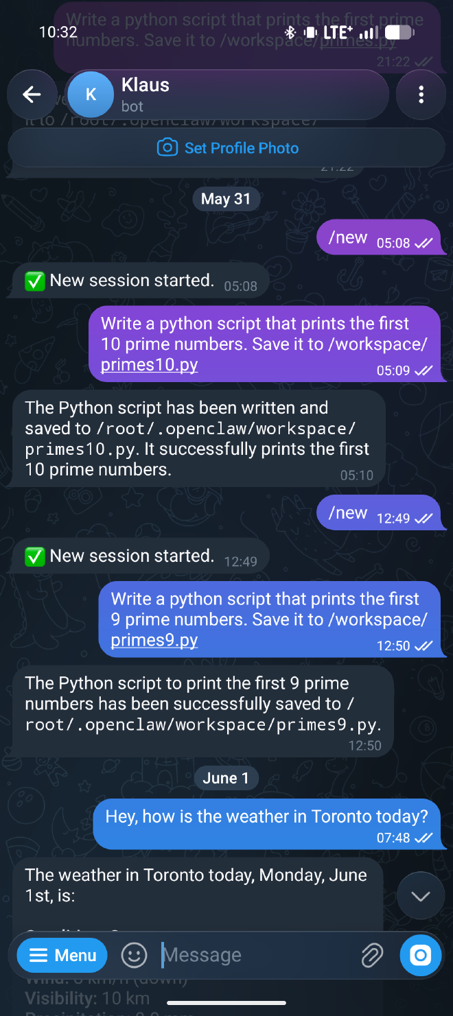 Coding tasks sent over Telegram, executed by Pi, and reported back