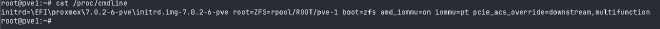 IOMMU kernel parameters confirmed in /proc/cmdline