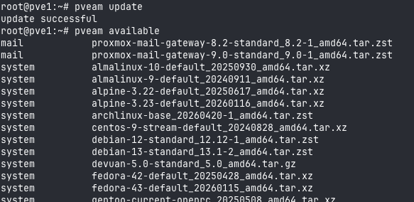 Available LXC templates from the Proxmox repository