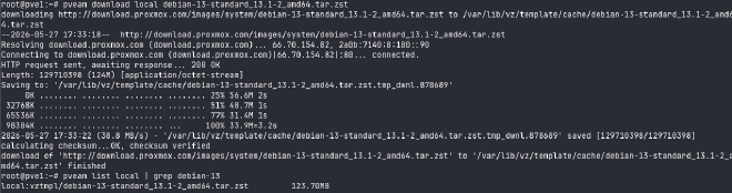 Debian 13 LXC template confirmed in local storage