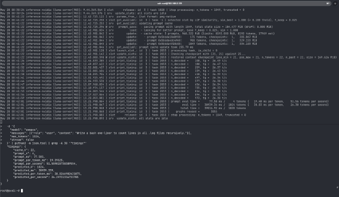 Smoke test timings from the llama-server API response