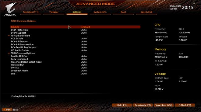 IOMMU enabled under Settings, AMD CBS, NBIO Common Options on the B550 AORUS Pro AC