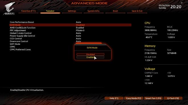 SVM Mode found under Tweaker → Advanced CPU Settings on the B550 AORUS Pro AC