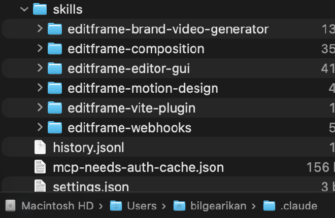 Editframe agent skills installed under ~/.claude/skills/