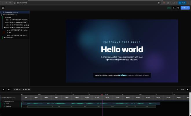 Local Editframe preview of the hello-world composition before rendering